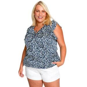 MARYBELLE Palms Ruffle Navy Blue and White Floral Tie Top Plus Size 1X